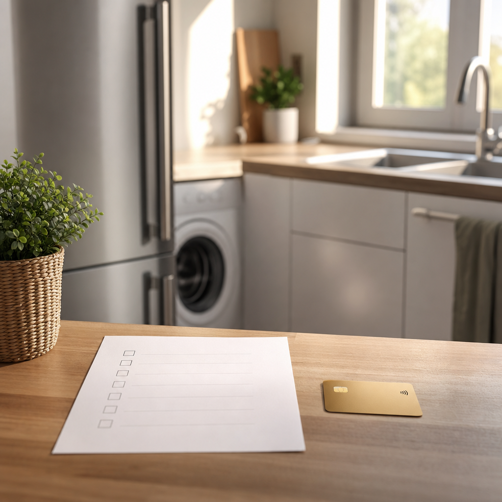 Cucina generica con elettrodomestici e checklist per acquisti casa