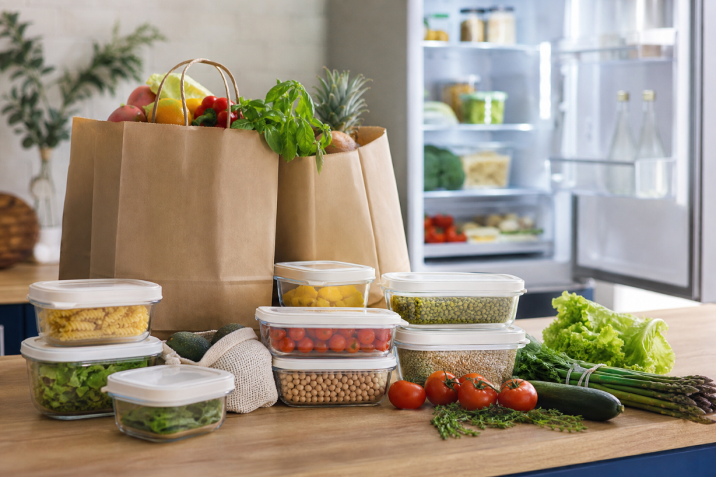 Spesa e contenitori alimentari generici davanti a un frigorifero aperto