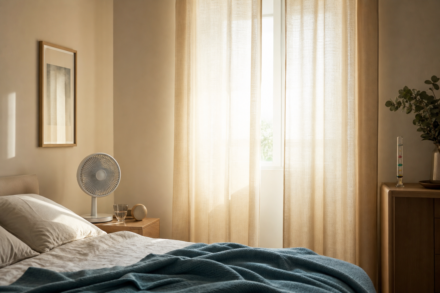 Camera estiva con tende chiare e ventilatore generico