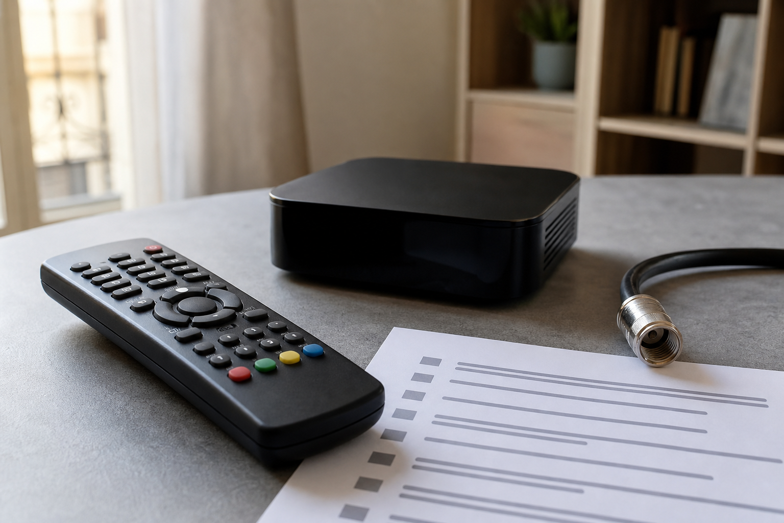 Decoder e telecomando generici senza marchi su un tavolo
