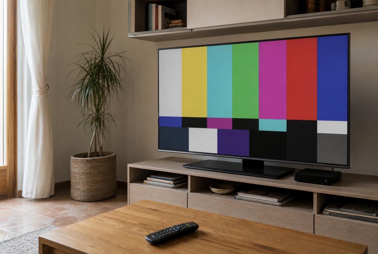 TV generica con schermata di test e decoder senza marchi
