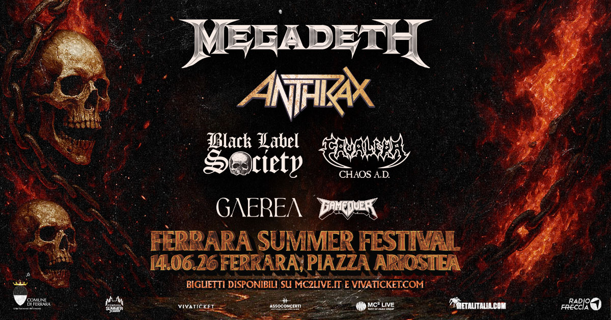 Grafica ufficiale Megadeth al Ferrara Summer Festival 2026