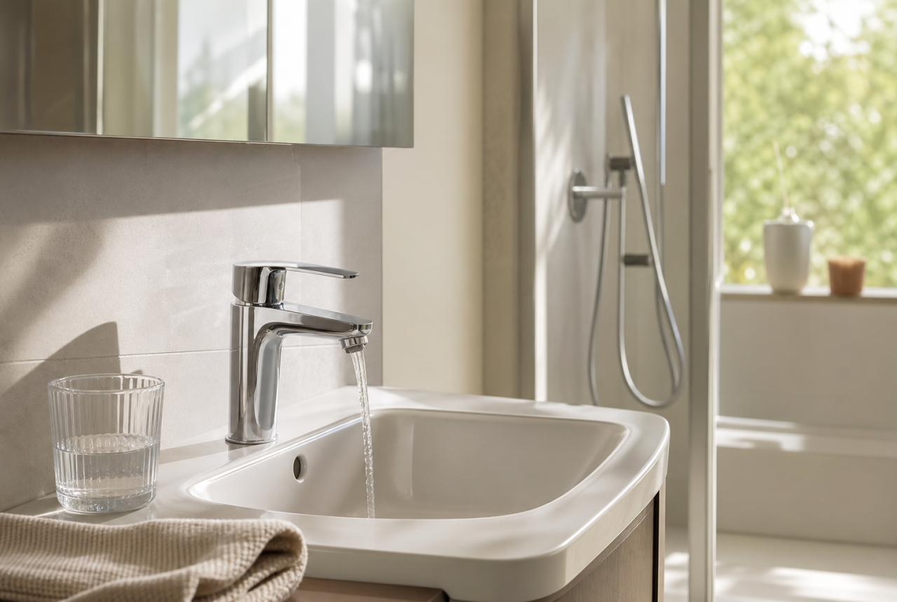 Bagno domestico generico con rubinetto e doccia per il risparmio d’acqua