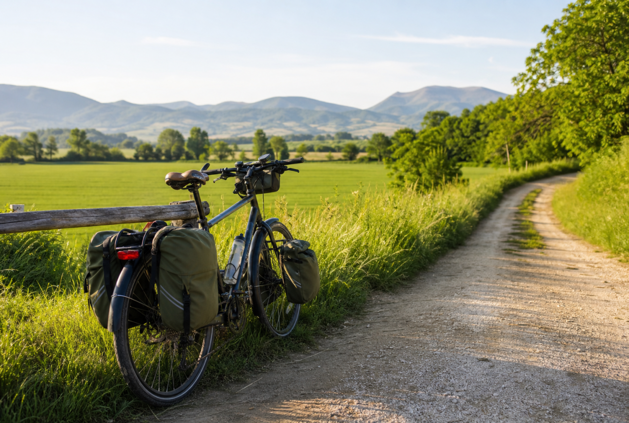 Bicicletta da viaggio generica su strada di campagna