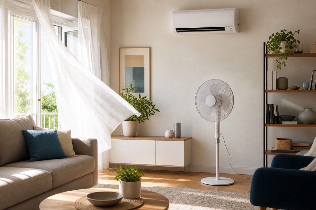Soggiorno domestico generico con condizionatore e ventilatore