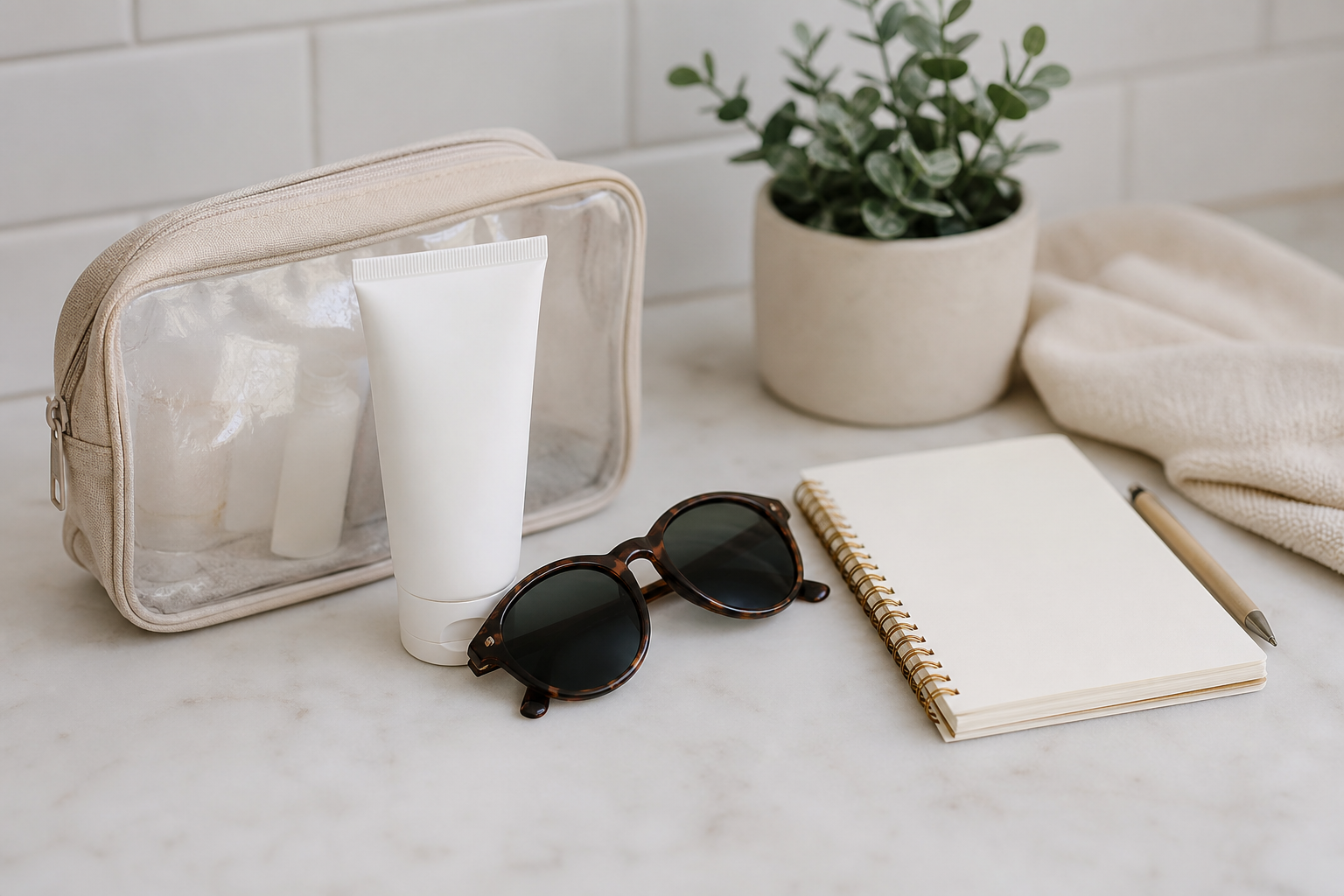Beauty case e crema solare generica per checklist estiva