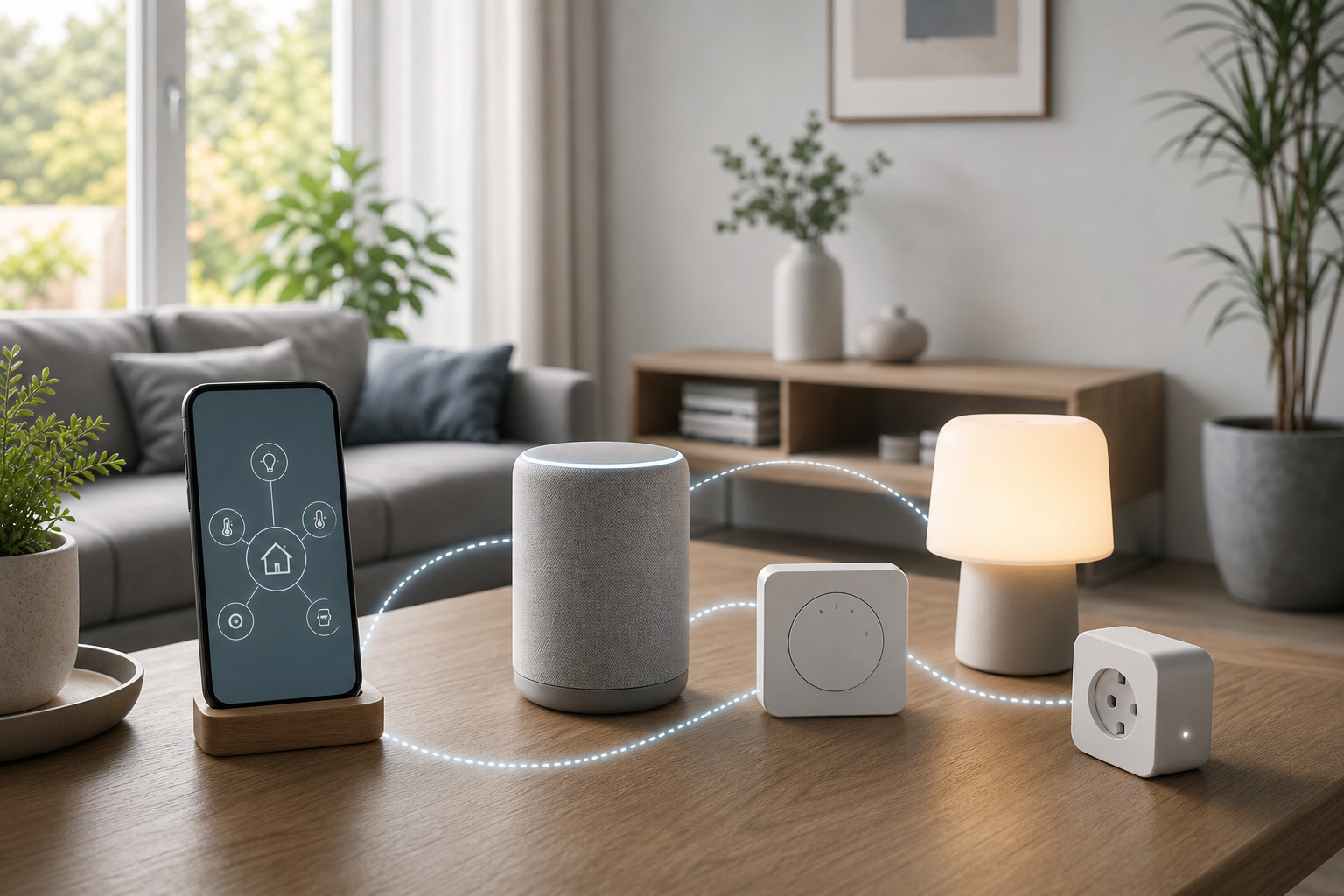 Dispositivi smart home generici collegati tra loro in una casa moderna