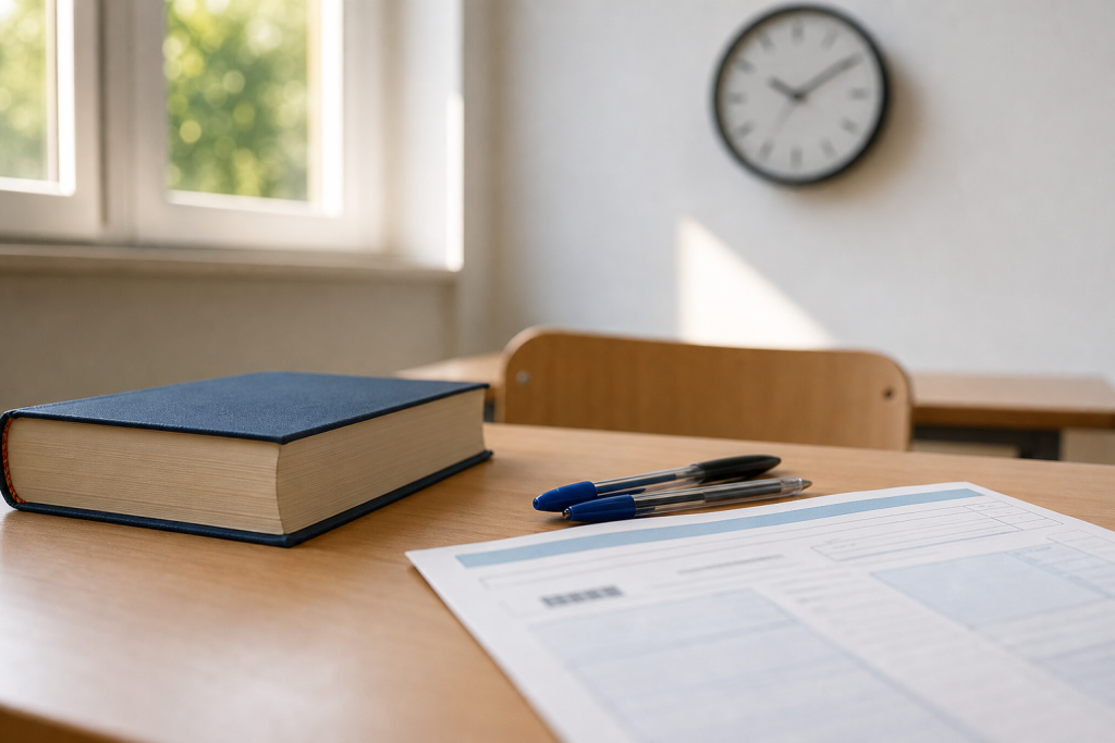 Banco d’esame generico con penne e dizionario per la prima prova della Maturità