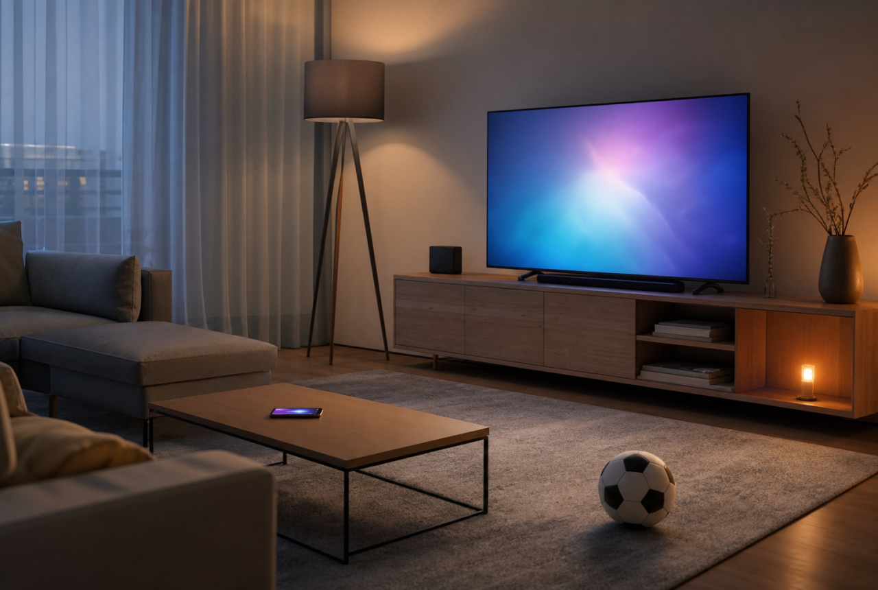 Salotto con TV e smartphone usato come controller generico