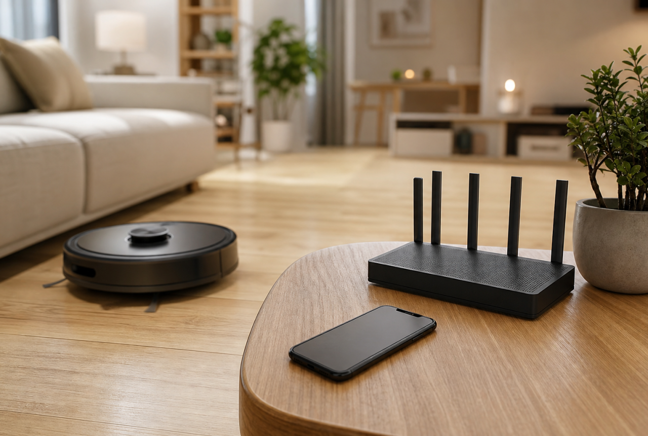 Robot aspirapolvere generico in una casa smart con router e smartphone