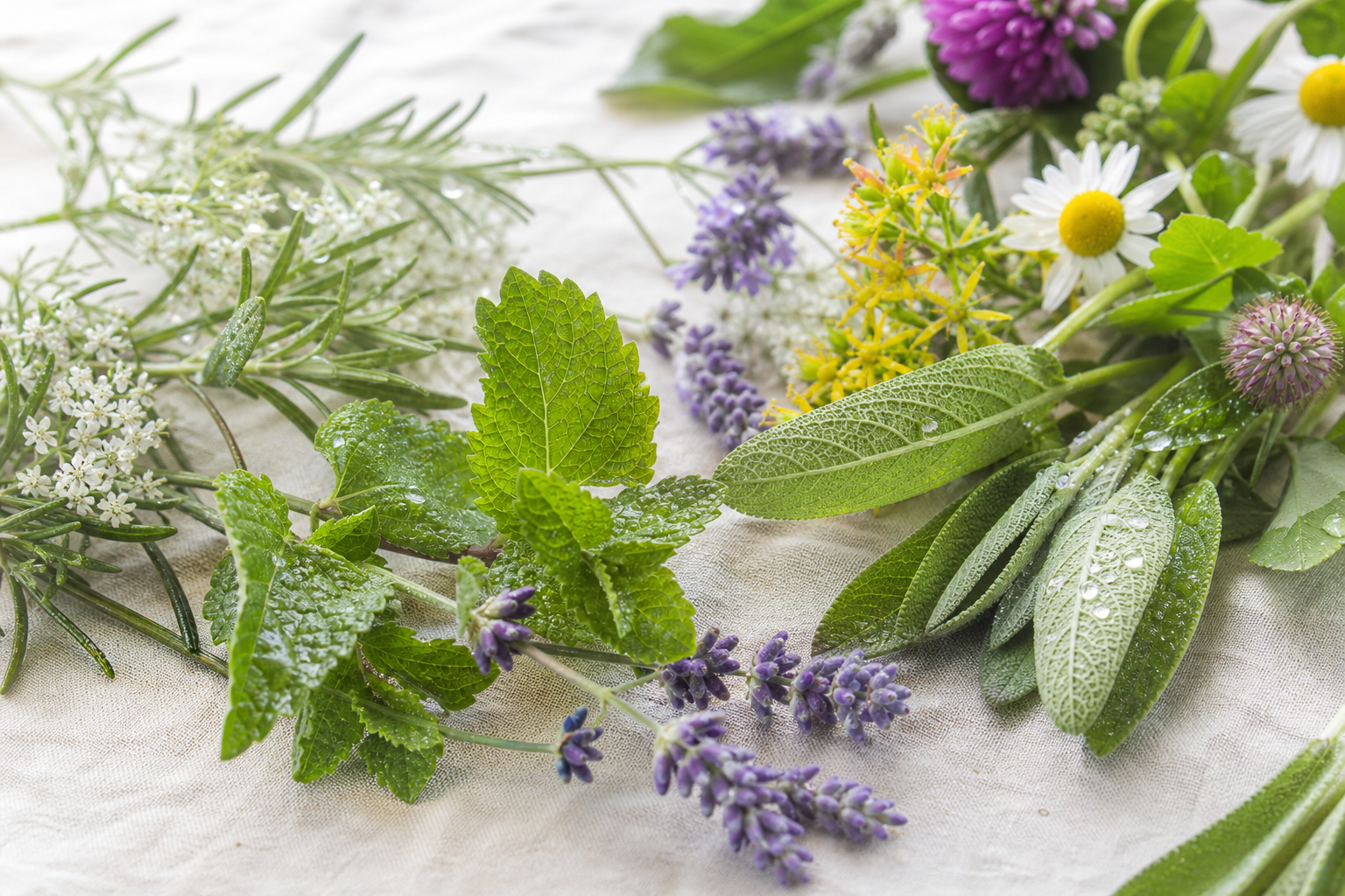 Erbe aromatiche e fiori di campo generici con gocce di rugiada