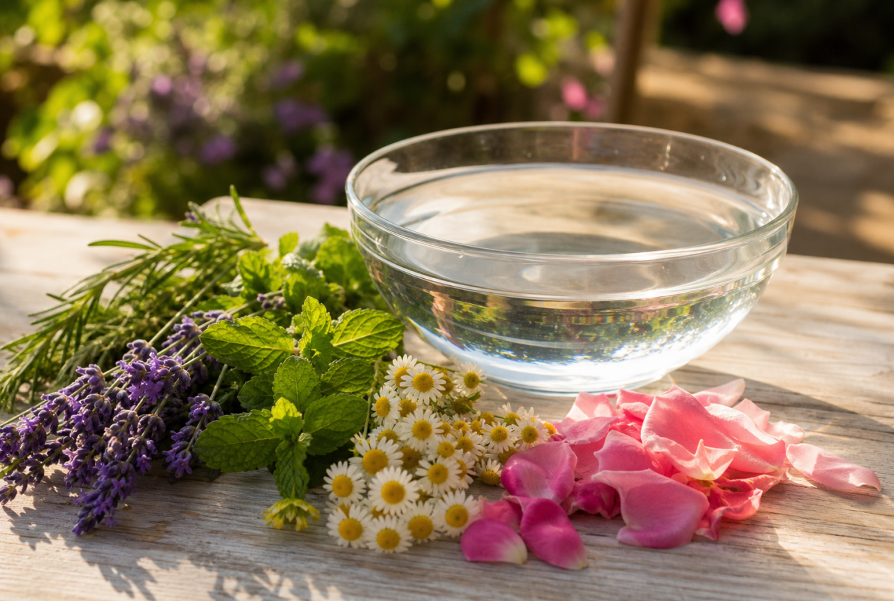 Ciotola d’acqua con erbe aromatiche e fiori di campo generici per una tradizione estiva
