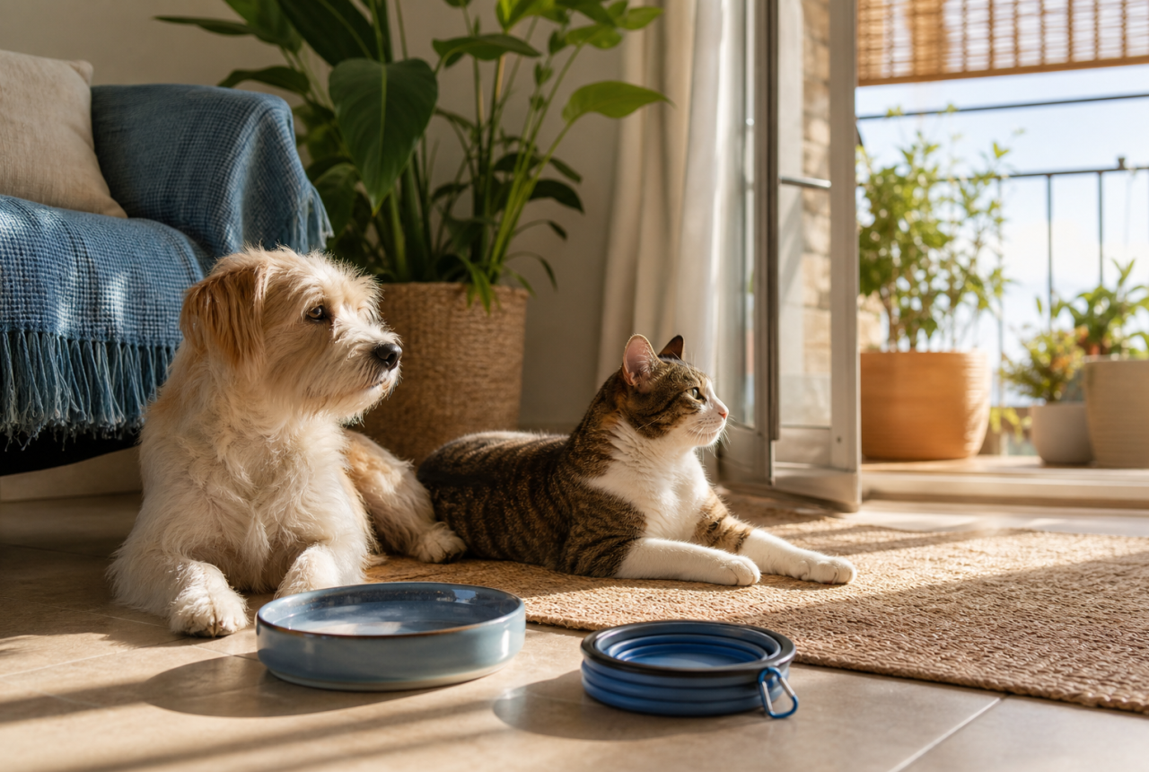 Cane e gatto generici in casa con acqua e ombra durante il caldo estivo