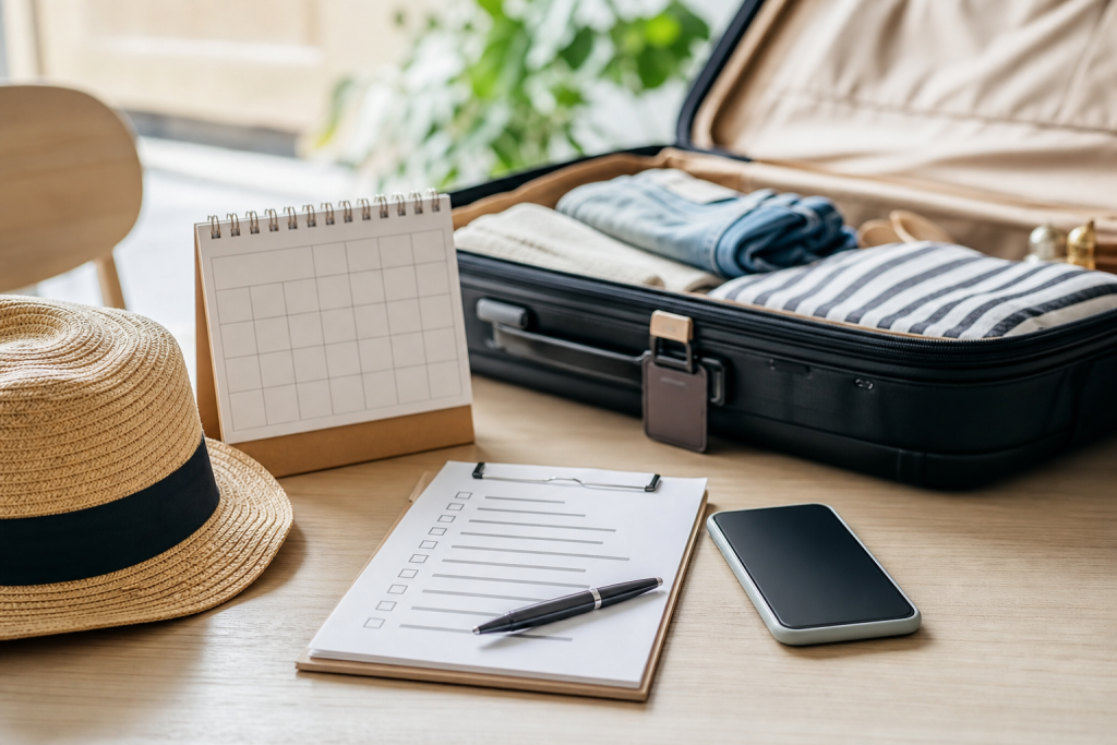 Checklist e valigia per controllare i documenti prima di partire