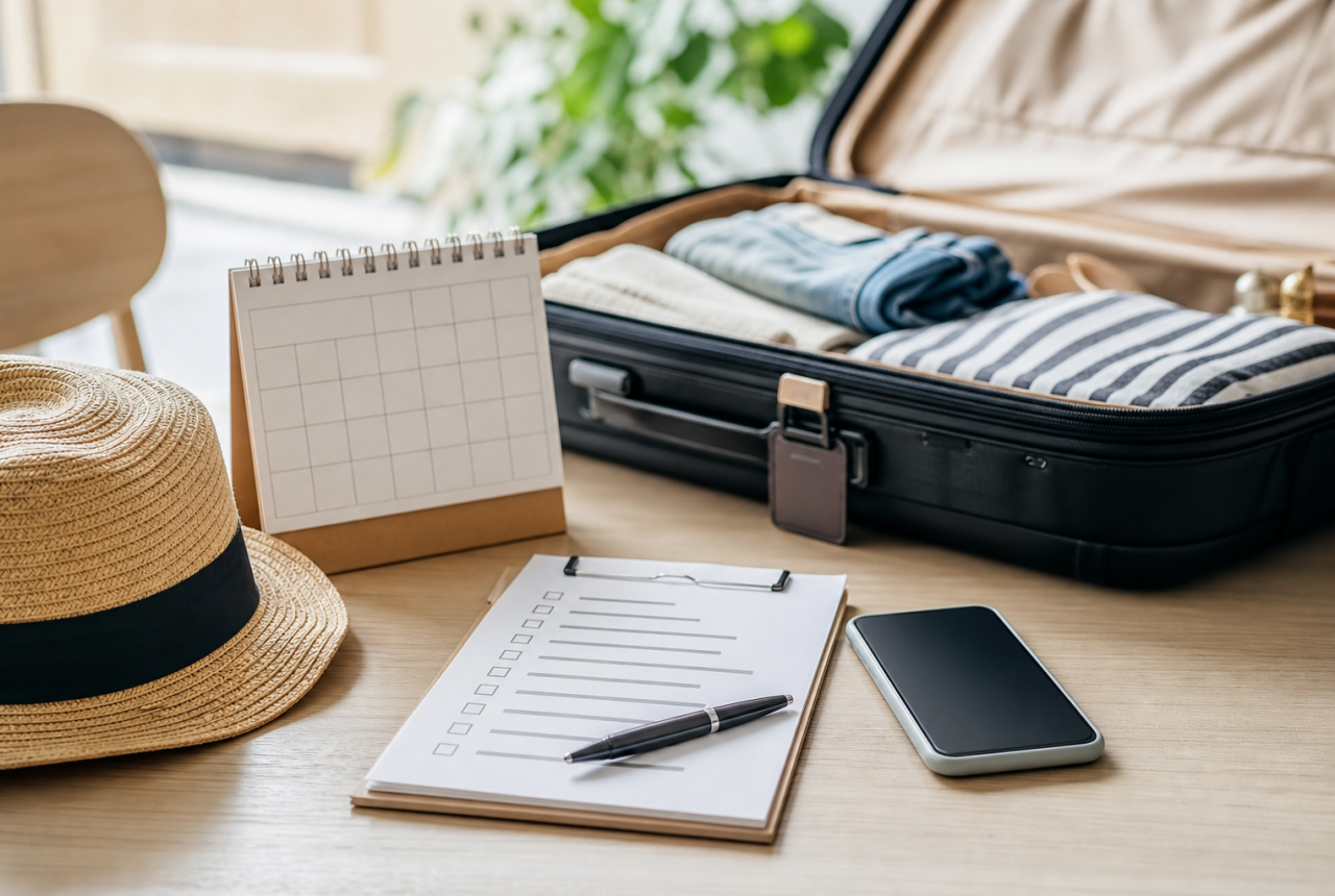 Checklist e valigia per controllare i documenti prima di partire