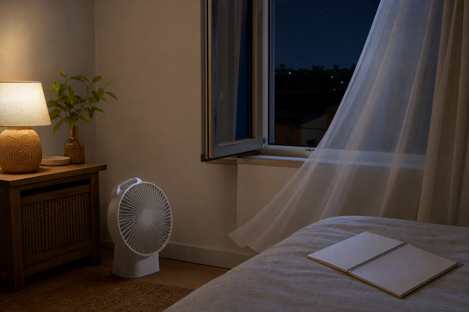 Finestra aperta nelle ore fresche con ventilatore generico in una stanza domestica