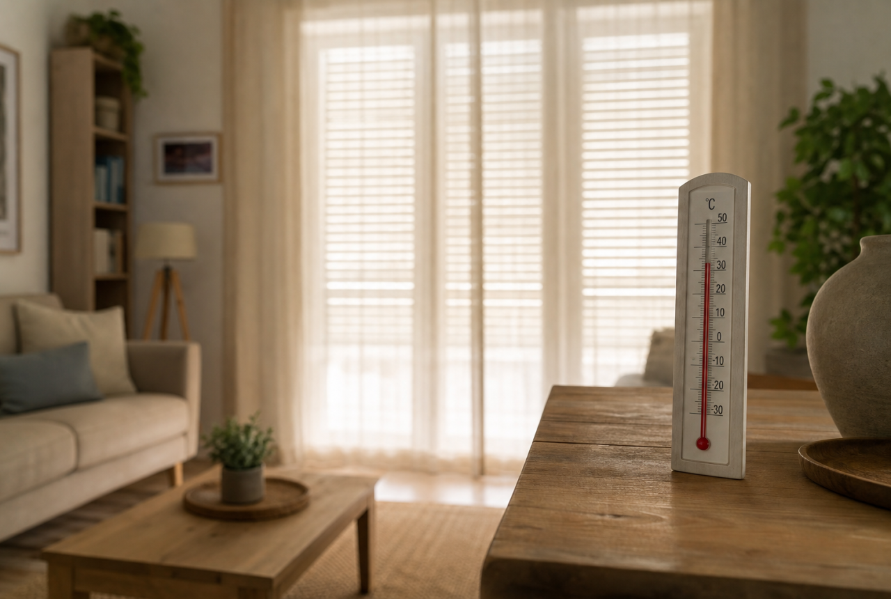 Soggiorno generico schermato dal sole estivo con tende e tapparelle