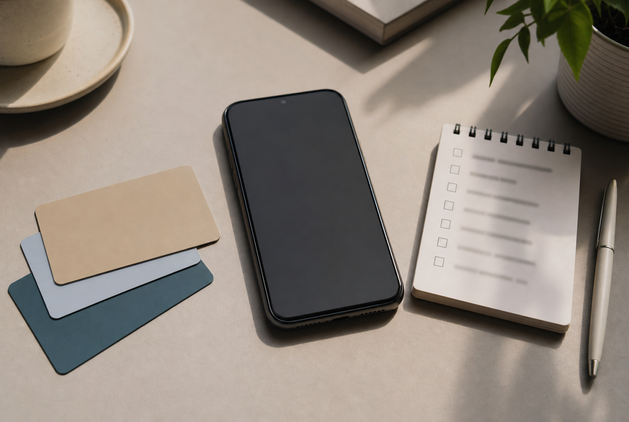 Smartphone generico con schede astratte per documenti digitali