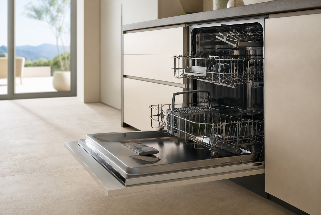Lavastoviglie generica aperta in cucina prima delle vacanze