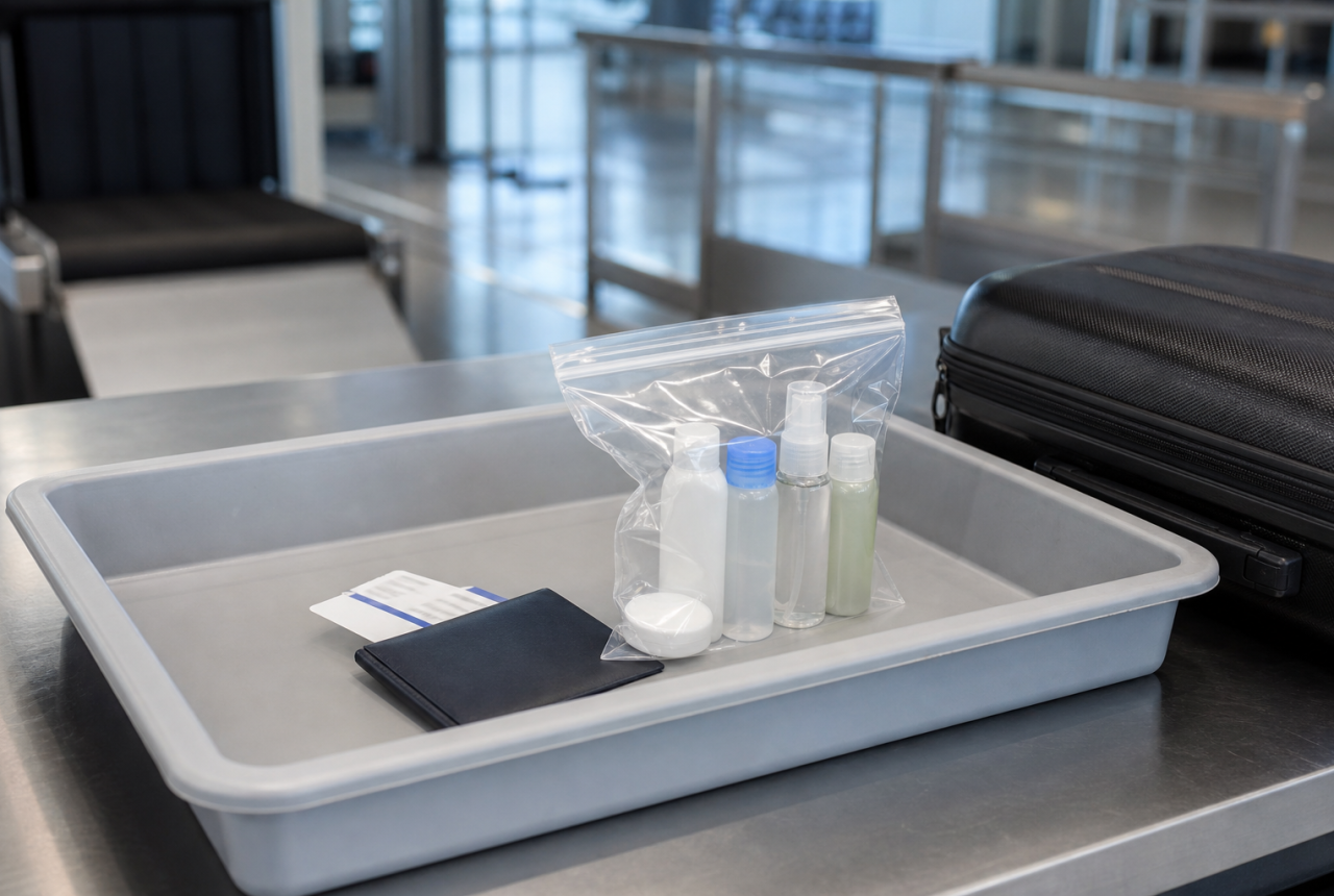 Sacchetto trasparente con flaconi piccoli in un vassoio di controllo aeroportuale