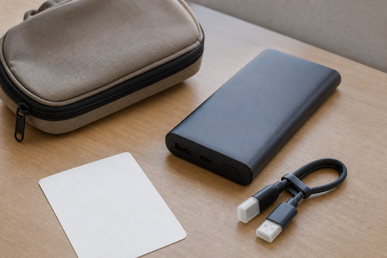 Power bank generico con custodia e cavo da controllare prima del volo