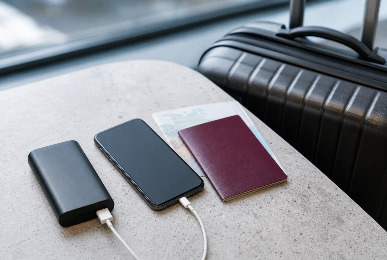 Power bank generico con bagaglio a mano prima di un volo