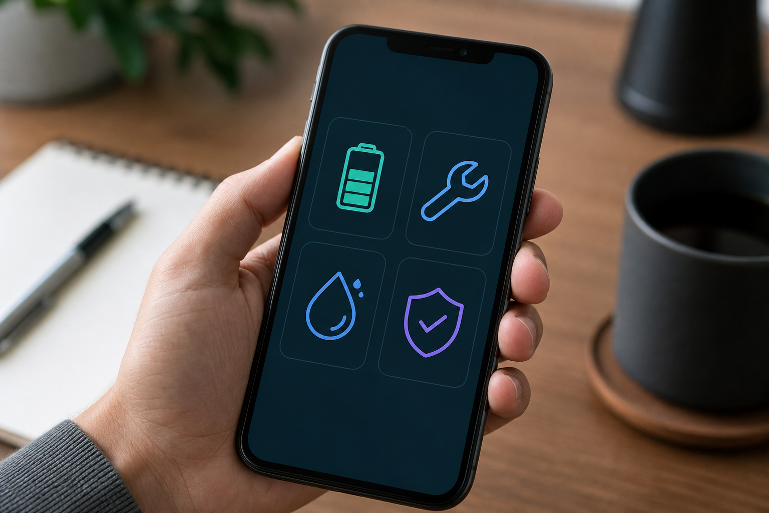 Schermata generica con icone batteria riparabilità acqua e resistenza