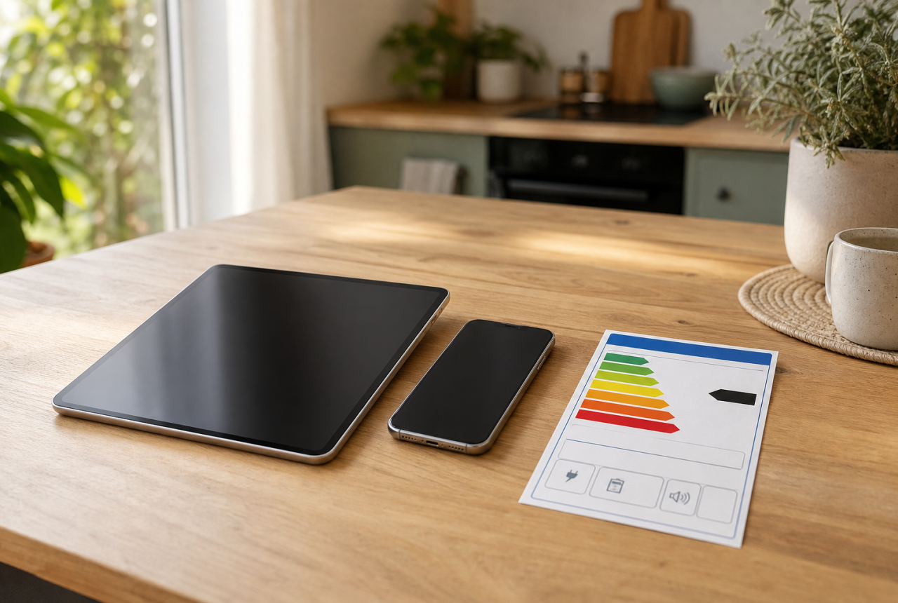 Smartphone e tablet generici con etichetta energetica illustrativa