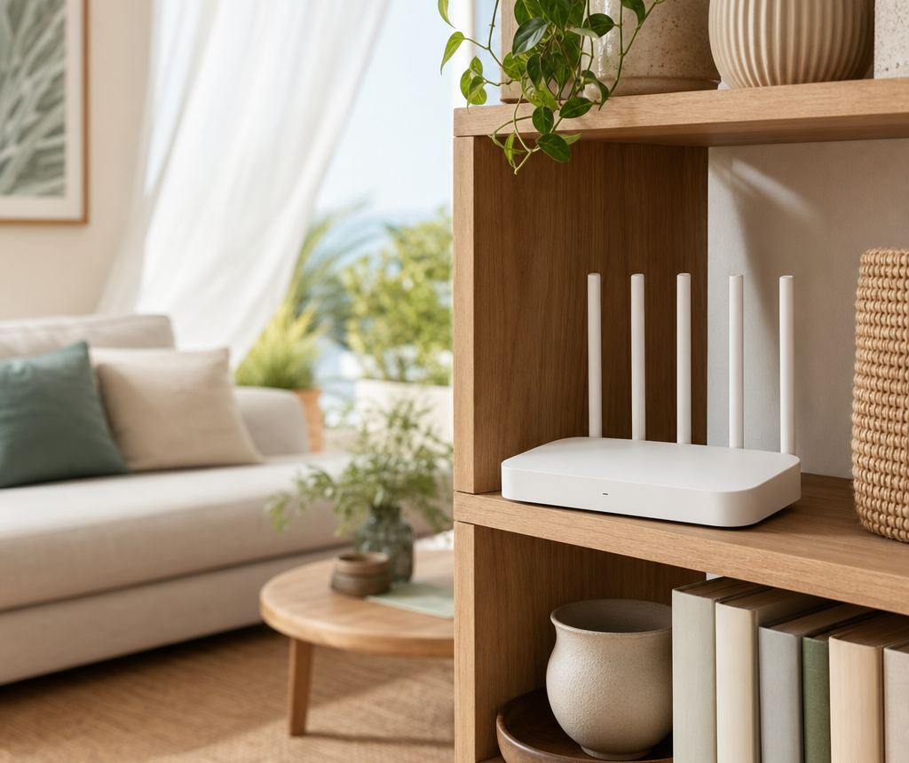 Router Wi-Fi generico in un soggiorno estivo ventilato