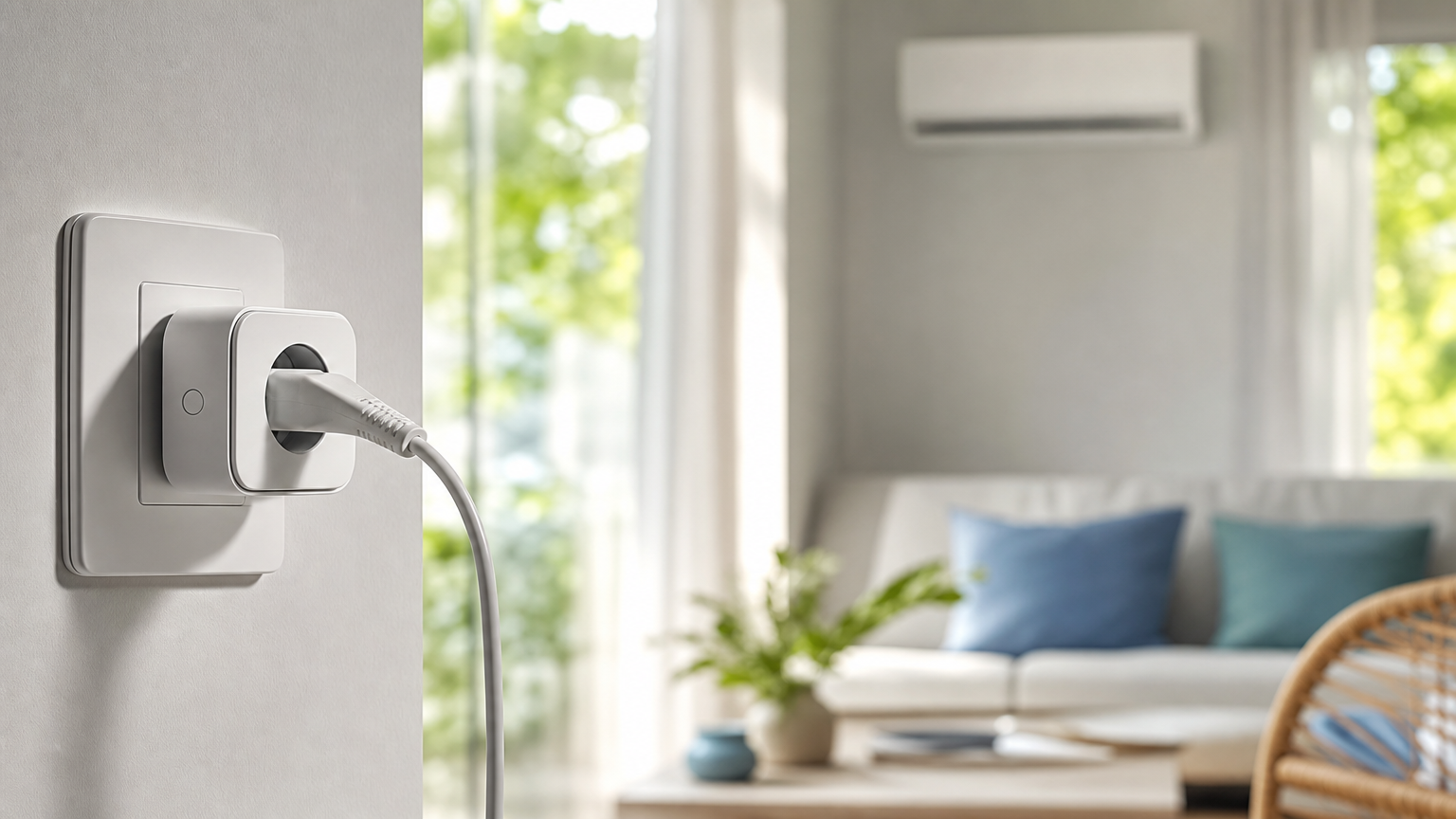 Presa smart generica in un salotto estivo con climatizzatore sfocato