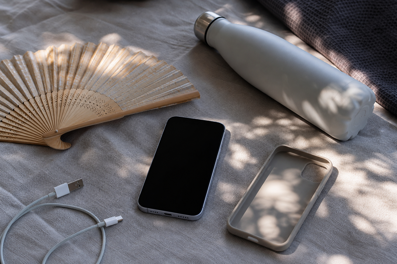 Smartphone generico in ombra con custodia rimossa e caricatore scollegato