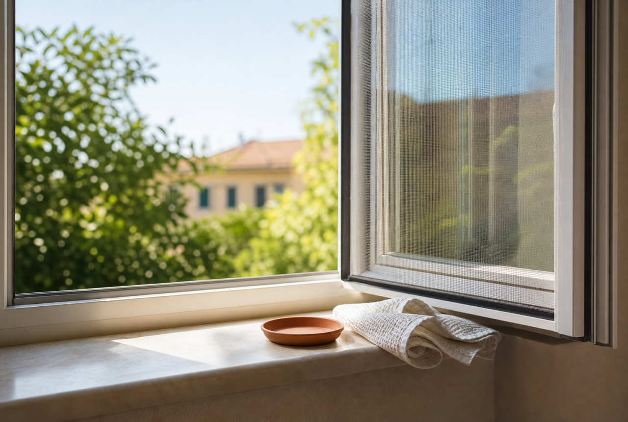 Finestra con zanzariera in una casa durante l’estate