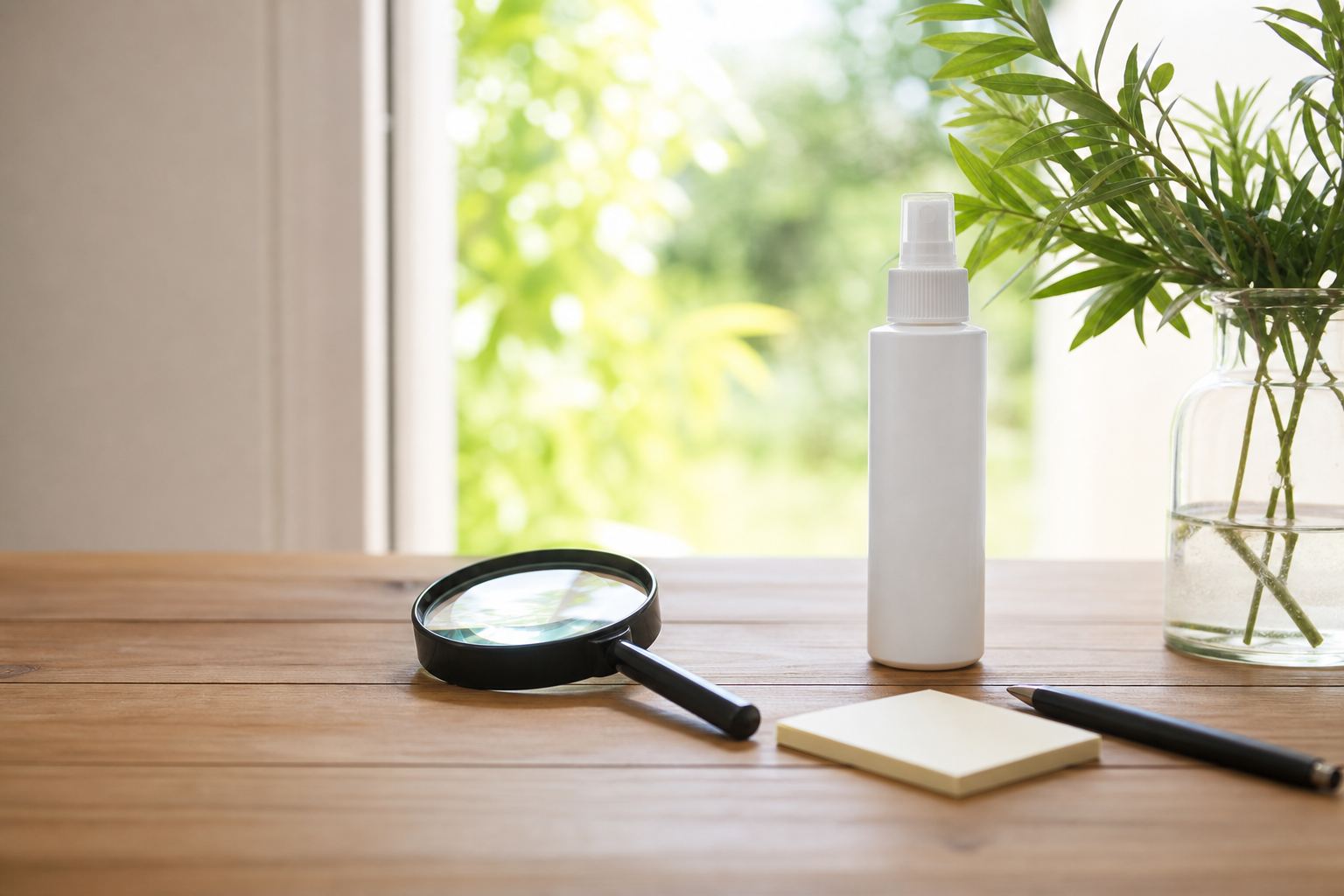 Flacone spray generico senza marchio con lente di ingrandimento