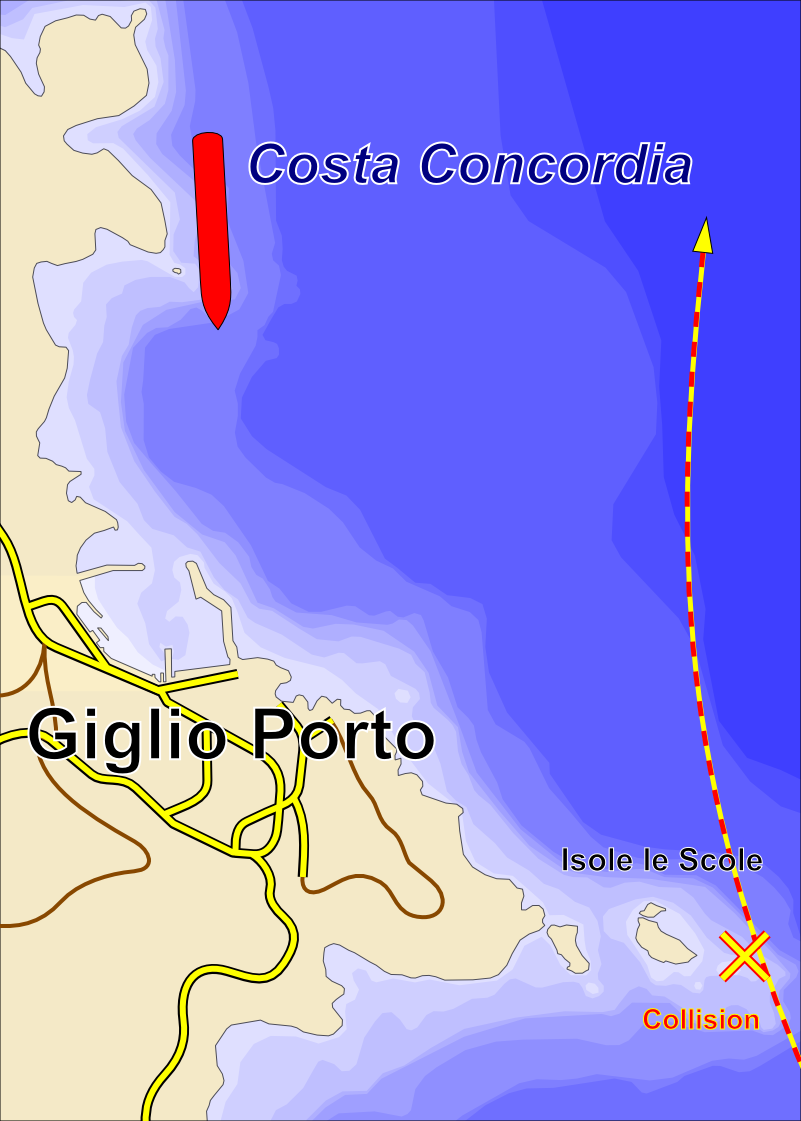 Mappa del punto di collisione della Costa Concordia vicino al Giglio