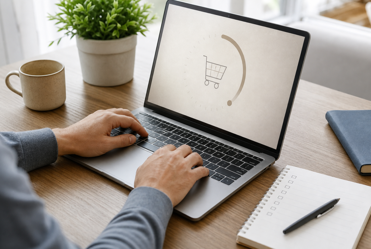 Timer astratto e checklist prima di un acquisto online.