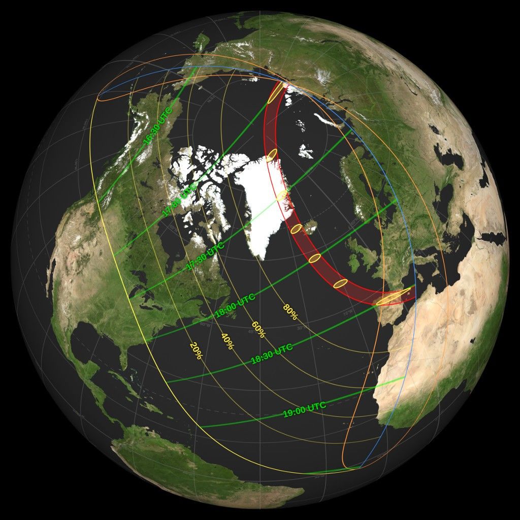 Mappa NASA della visibilità dell'eclissi solare del 12 agosto 2026