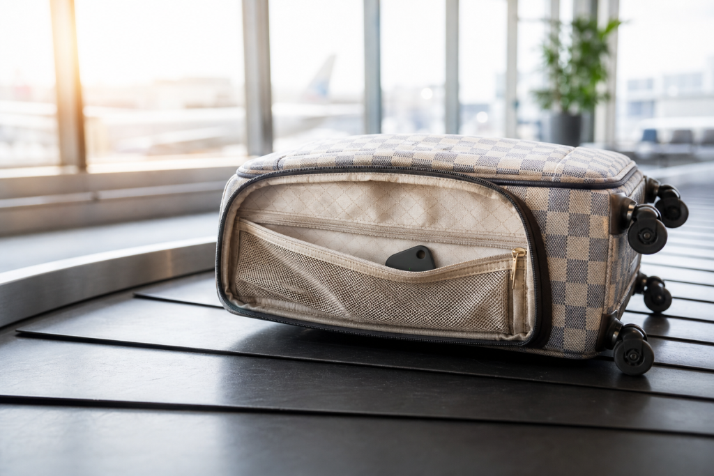 Valigia generica con tracker Bluetooth anonimo su nastro bagagli