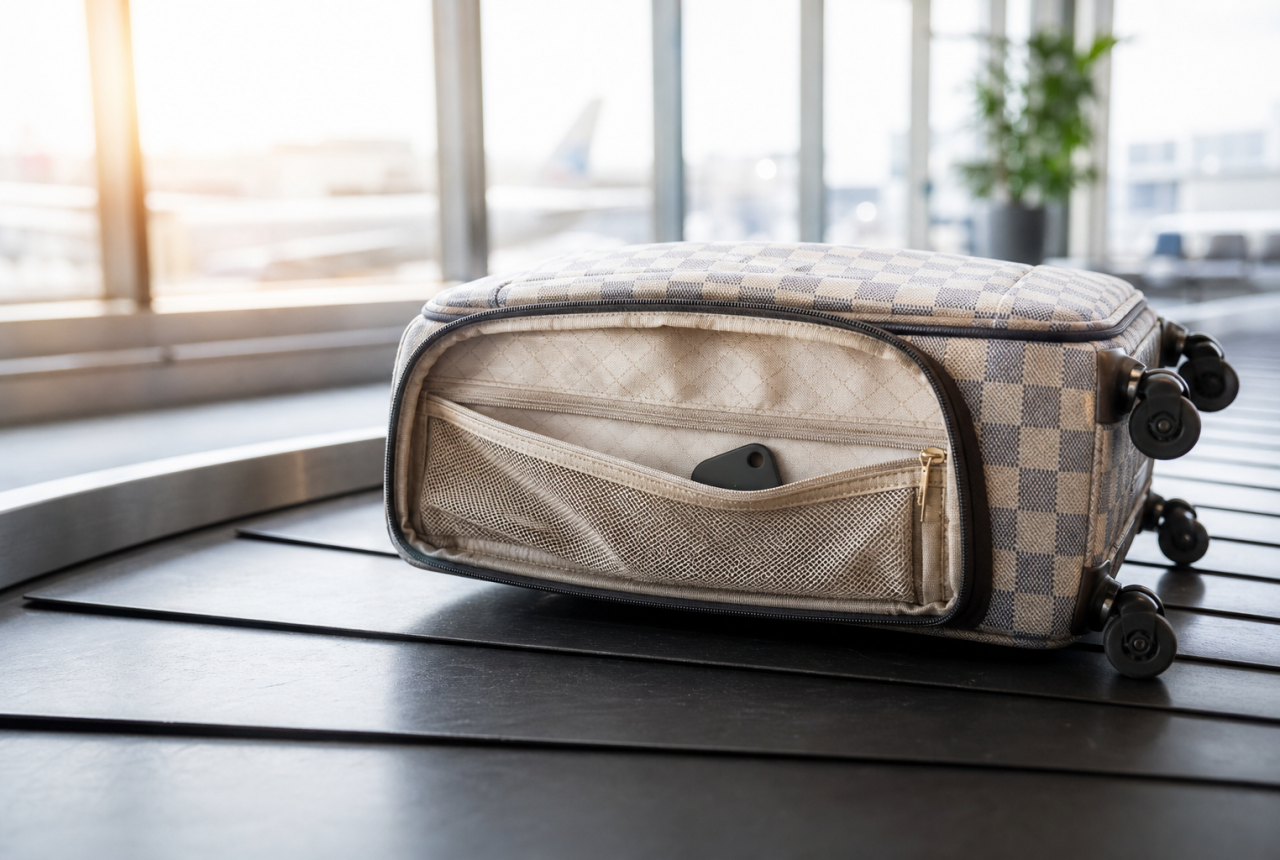 Valigia generica con tracker Bluetooth anonimo su nastro bagagli