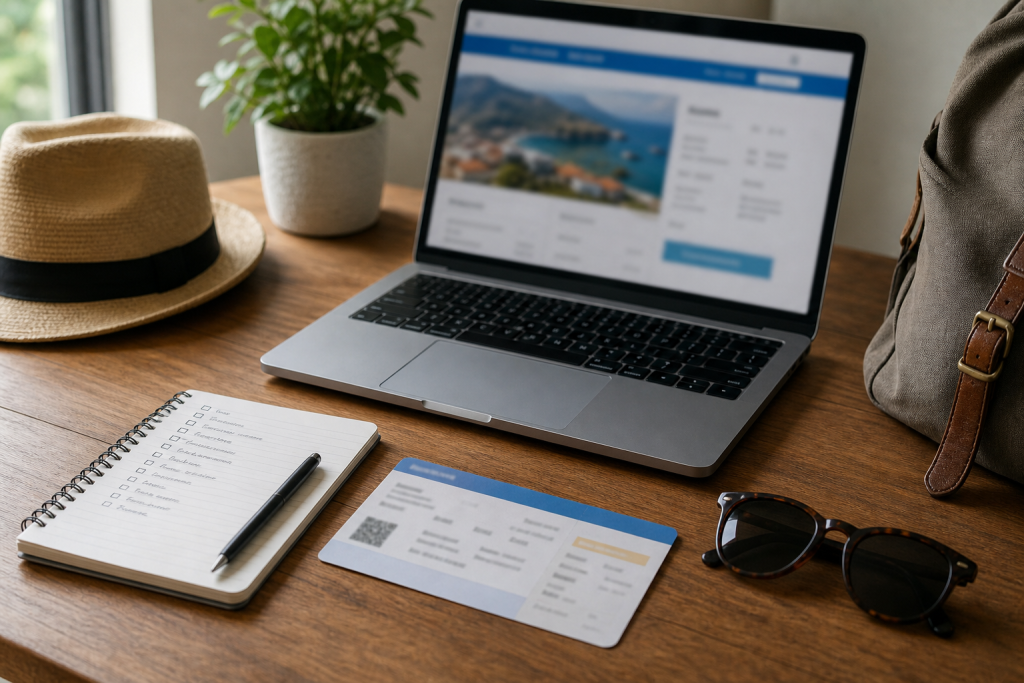 Laptop e checklist per controllare una prenotazione online