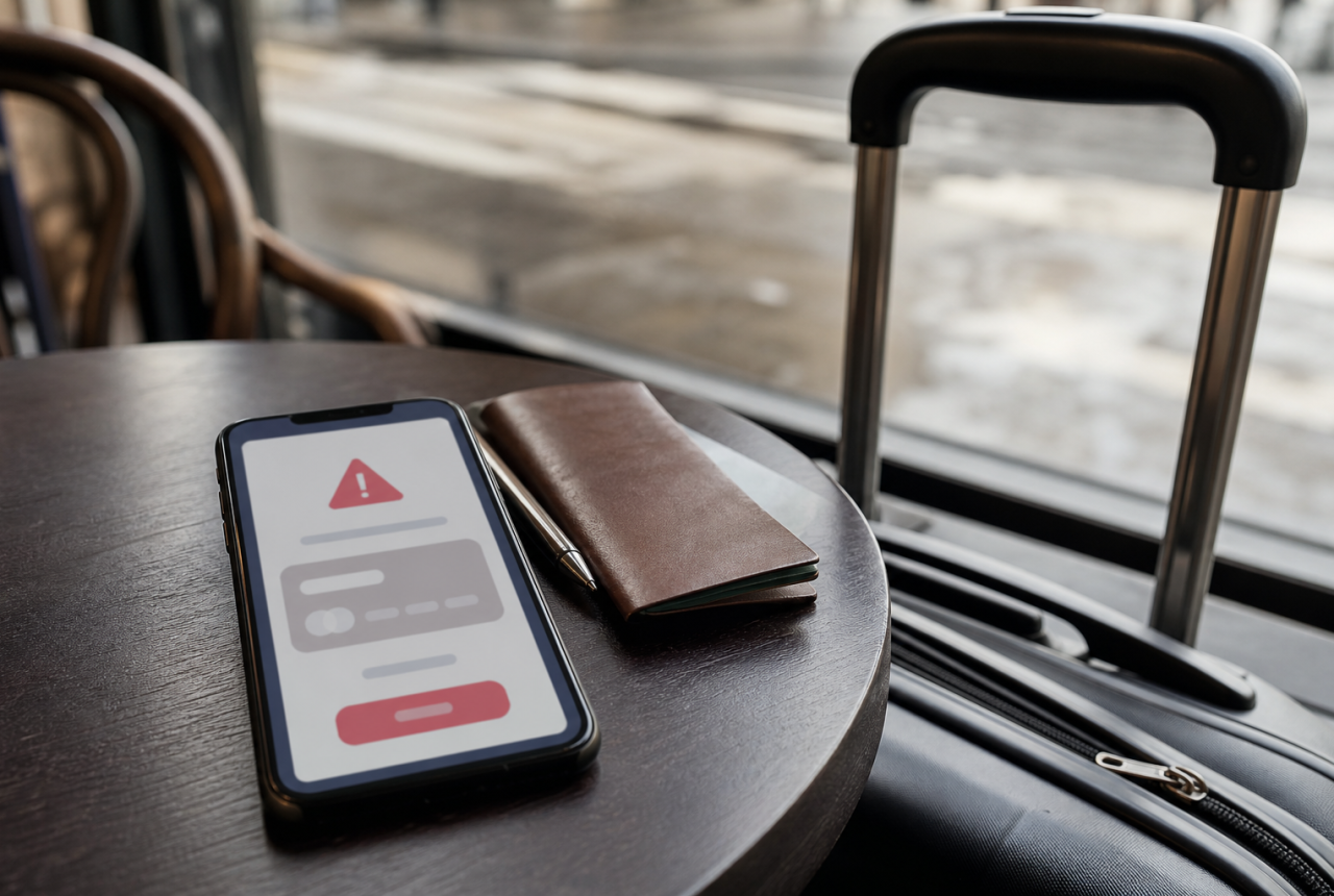 Smartphone con avviso di pagamento generico accanto a un bagaglio.