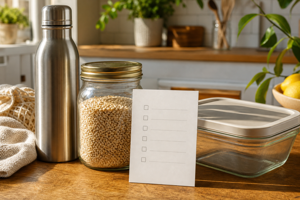 Contenitori alimentari generici su un tavolo di cucina