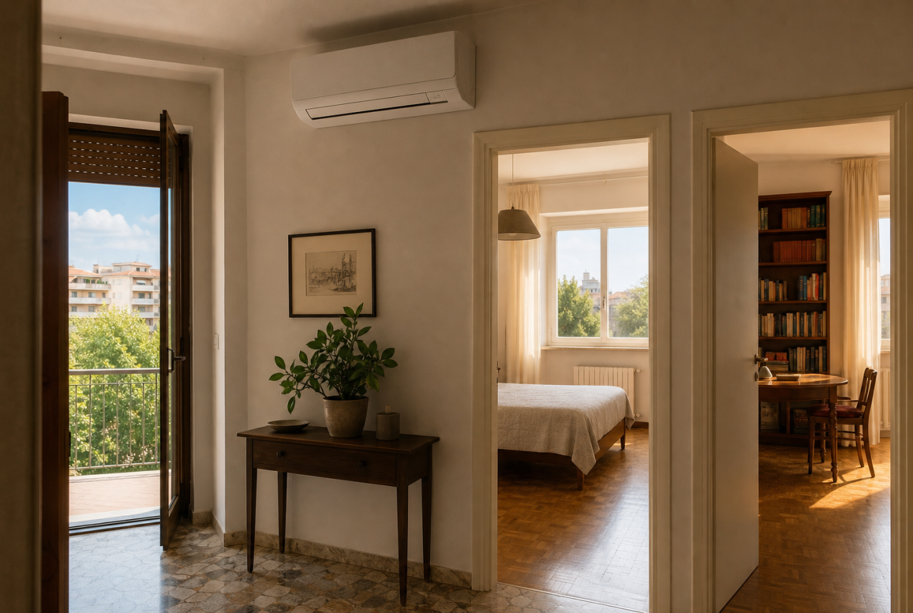 Climatizzatore in corridoio con stanze comunicanti in una casa generica