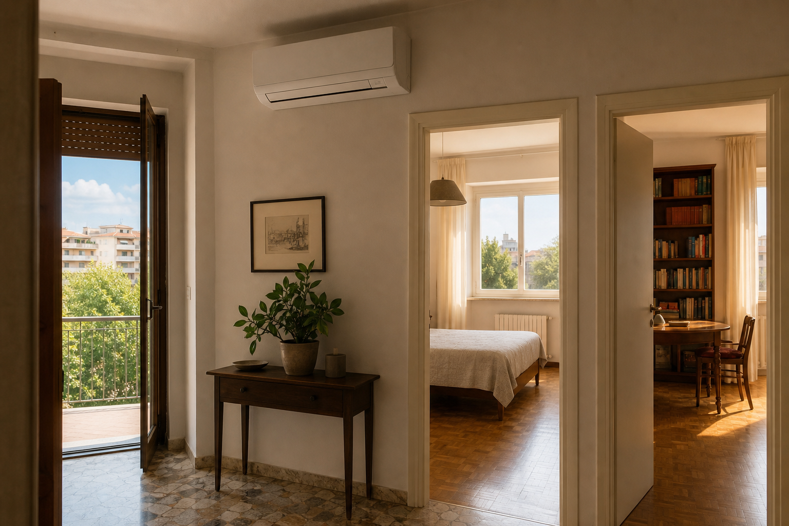 Climatizzatore in corridoio con stanze comunicanti in una casa generica