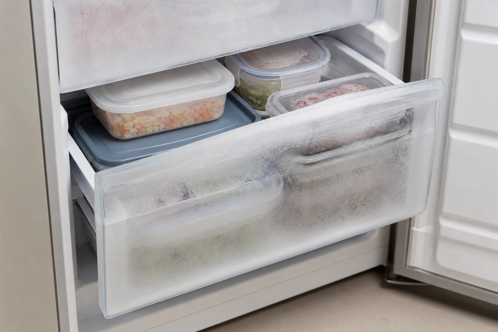 Cassetto freezer generico con contenitori chiusi e brina leggera.