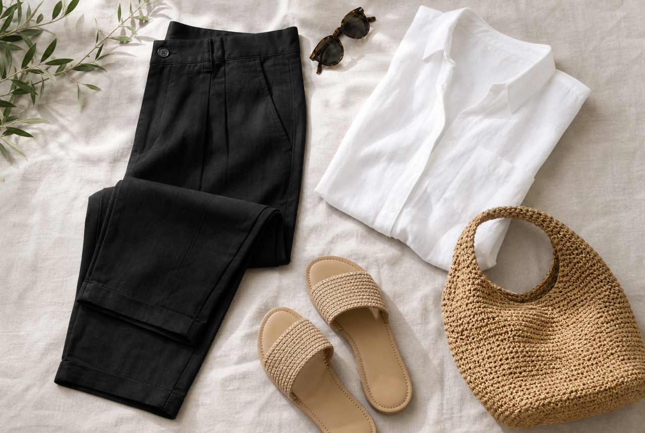 Pantaloni Capri neri con camicia bianca e accessori estivi generici.