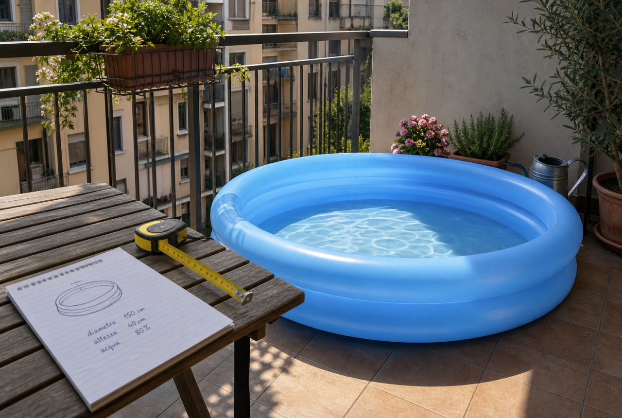 Piscina gonfiabile illustrativa su un balcone estivo