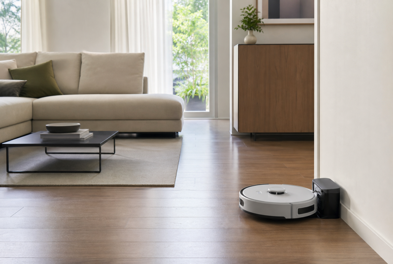 Robot aspirapolvere generico vicino alla base in una casa ordinata