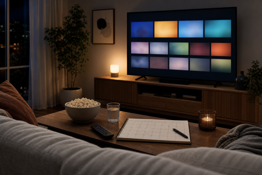 Salotto con TV e calendario per organizzare le uscite streaming di luglio