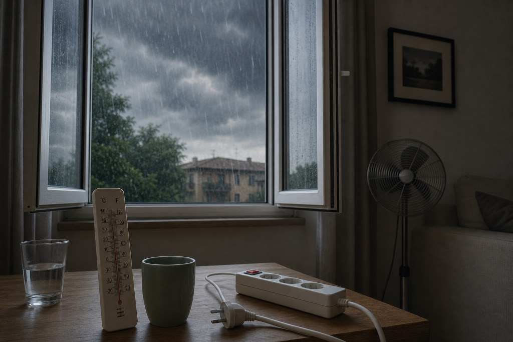 Finestra di casa durante un temporale estivo dopo il caldo