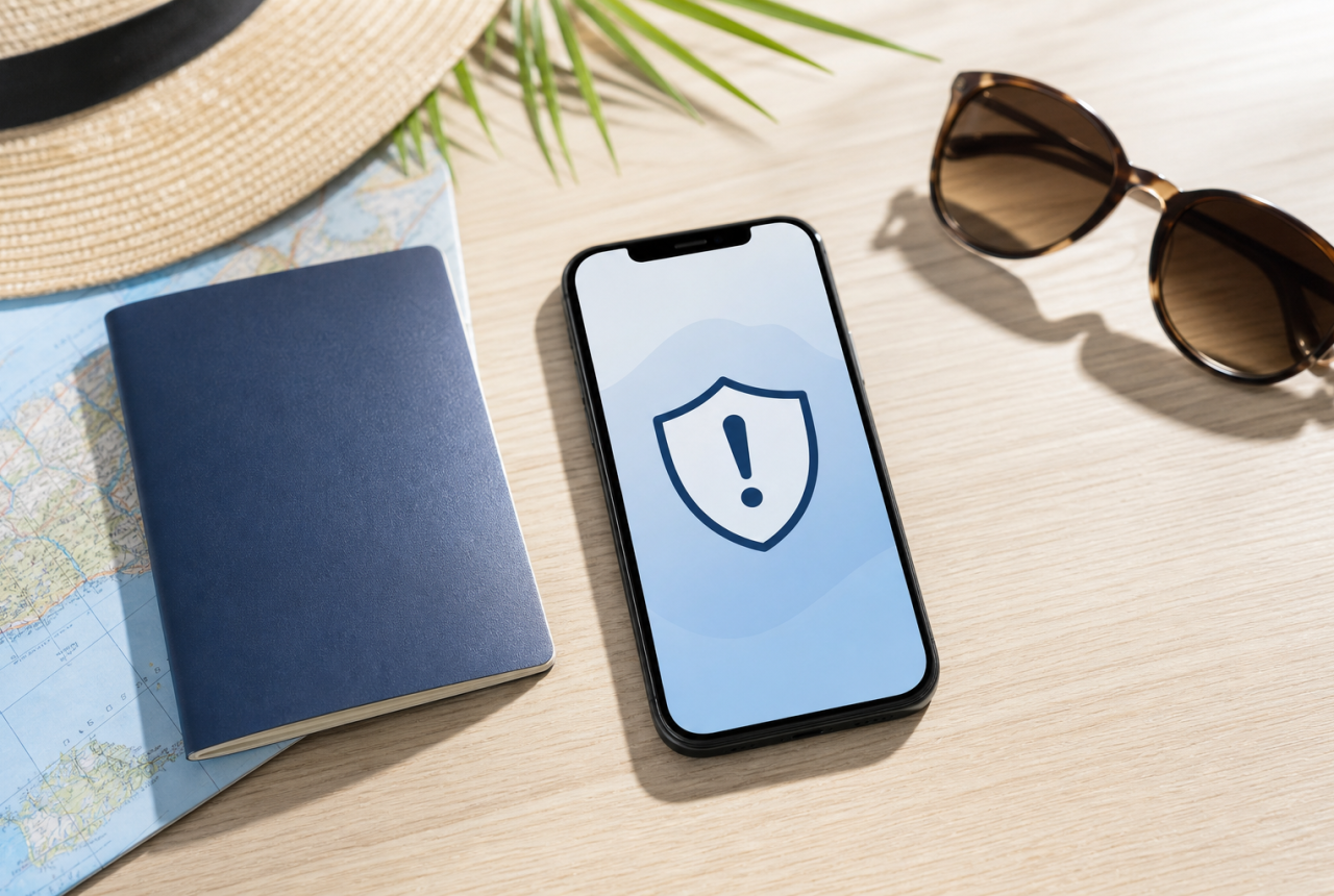 Smartphone con simbolo di sicurezza accanto ad accessori da viaggio, immagine illustrativa